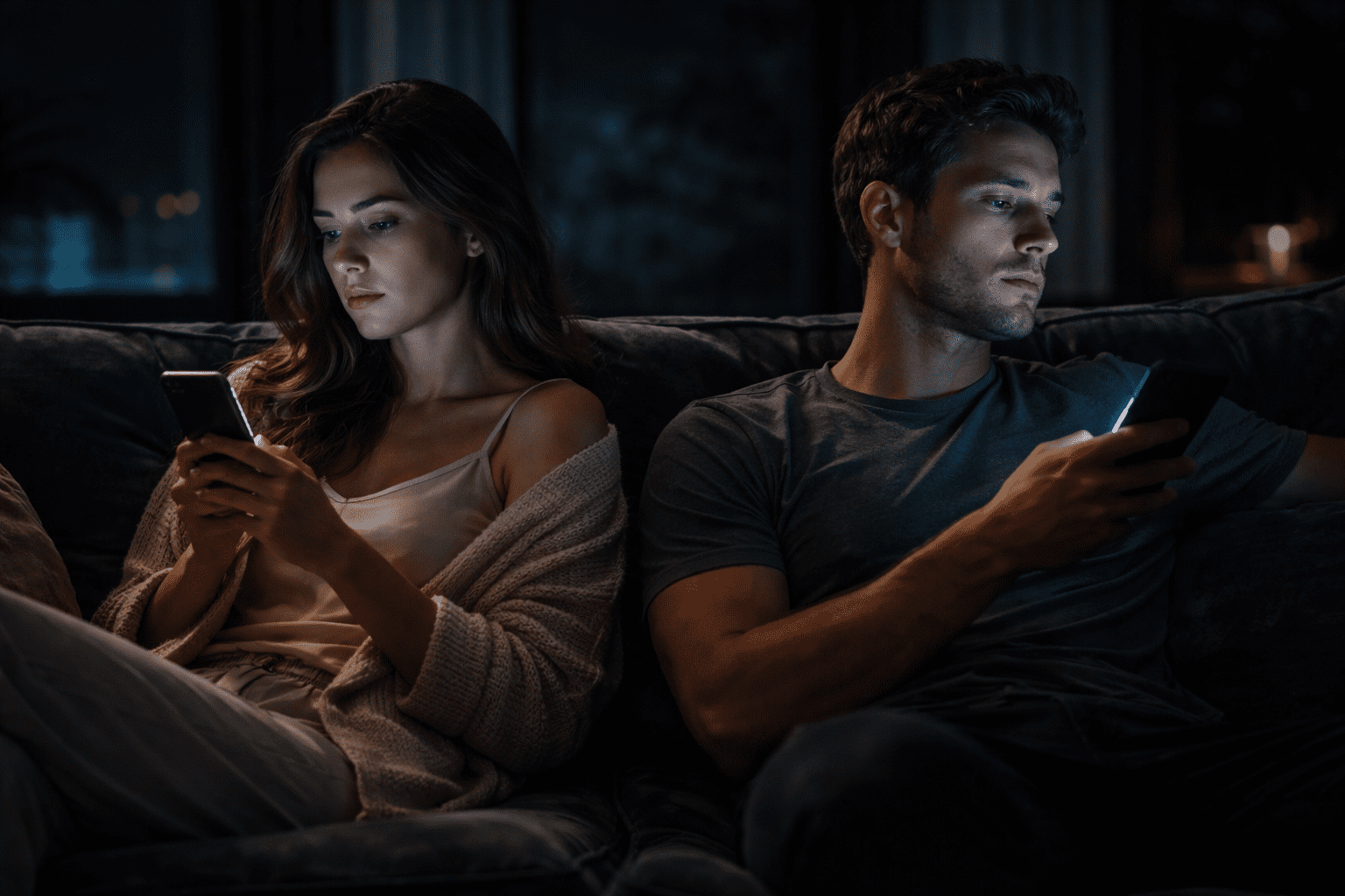 A couple experiencing Digital Detachment Syndrome and intimacy issues in 2026.