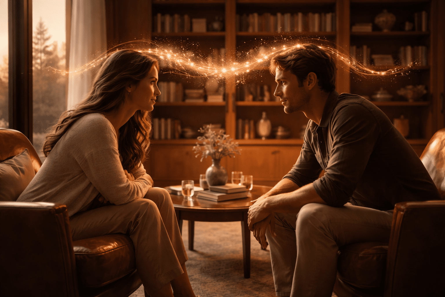 A couple practicing Cognitive Intimacy Wellness in a luxury setting.