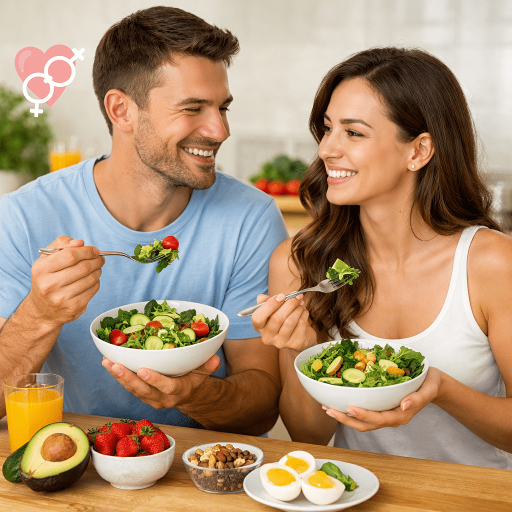 Healthy couple eating salad to boost reproductive health
