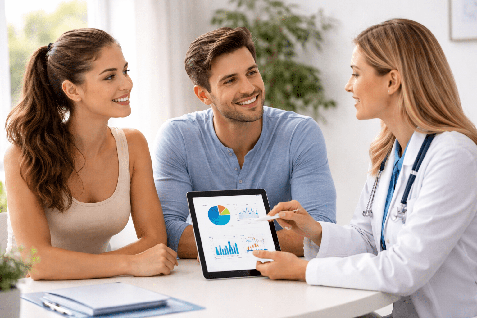 A couple discussing modern family planning and safe sex options with a healthcare professional.