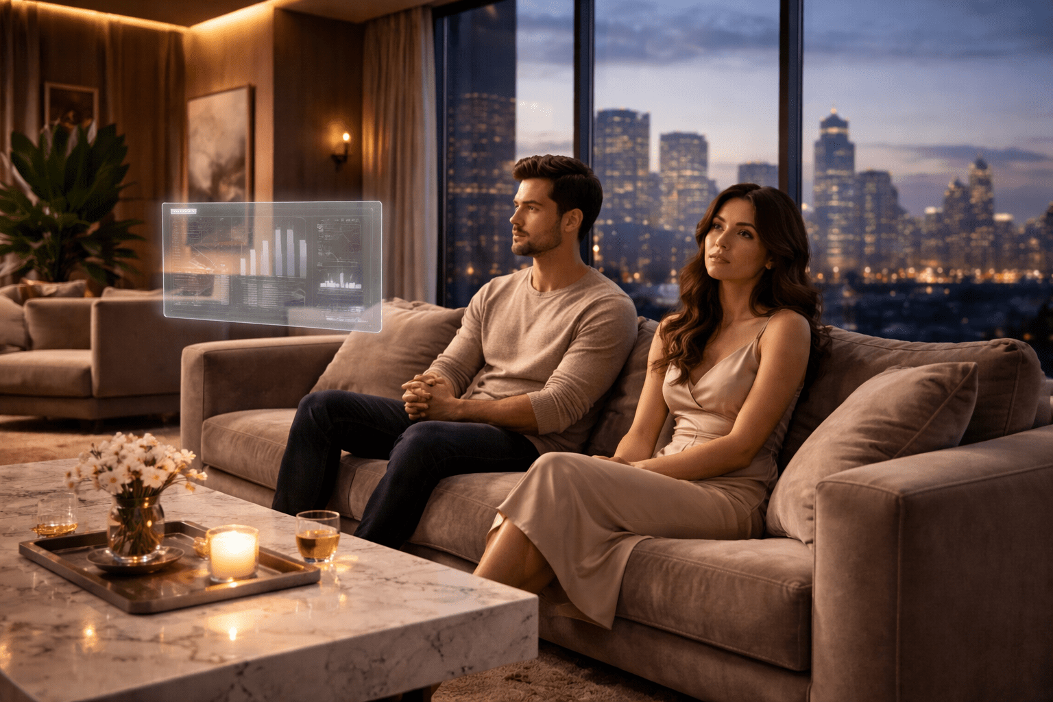 A luxury 2026 living room interior showing a couple experiencing the Emotional Intimacy Crisis 2026 due to digital technology distraction.