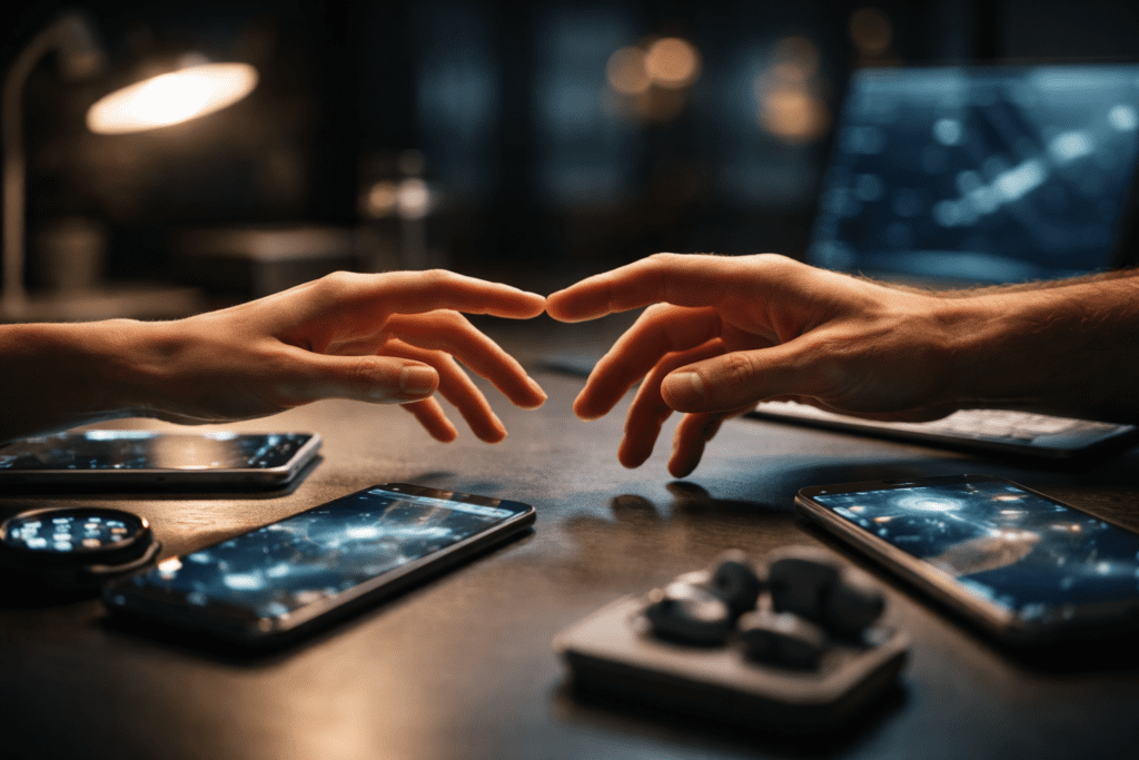 The psychological struggle between human intimacy and digital distraction.