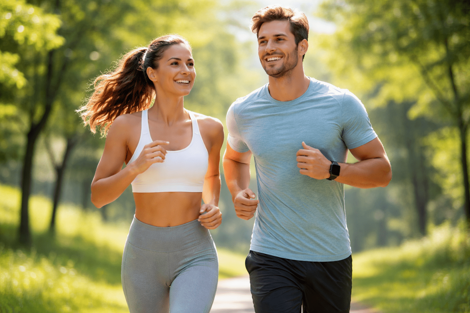 A fit couple jogging in a park to boost sexual health naturally through regular exercise.