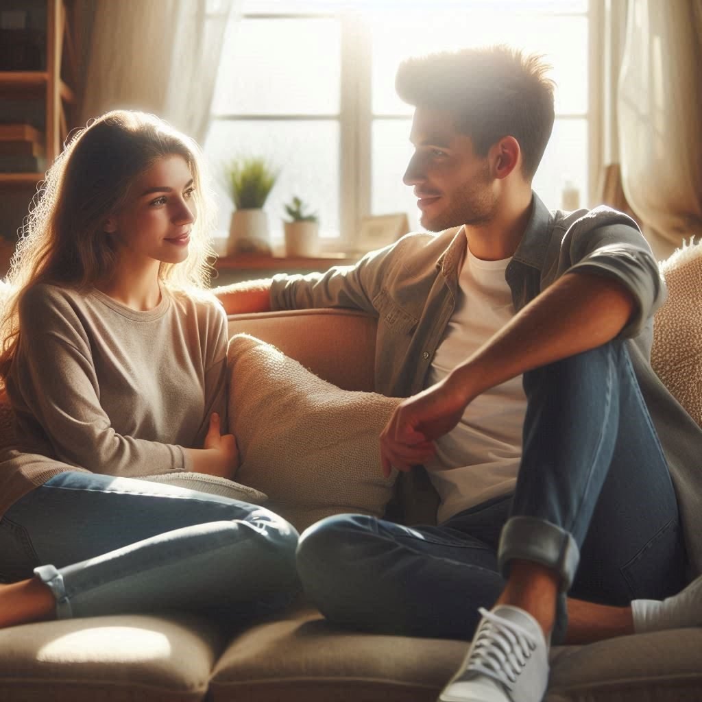 Couple talking to overcome roommate syndrome