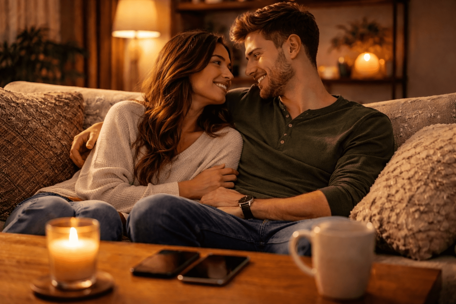 A happy couple putting phones away to rebuild emotional intimacy and relationship wellness.