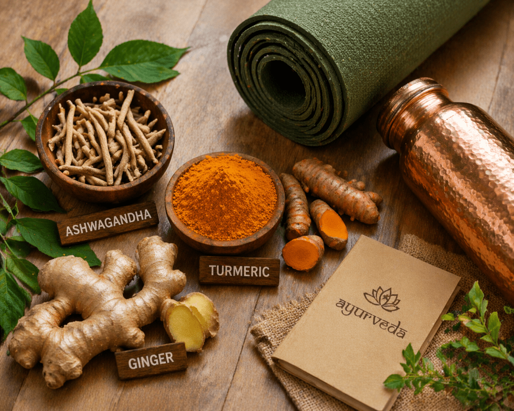 Ayurvedic herbs and yoga essentials for holistic living.