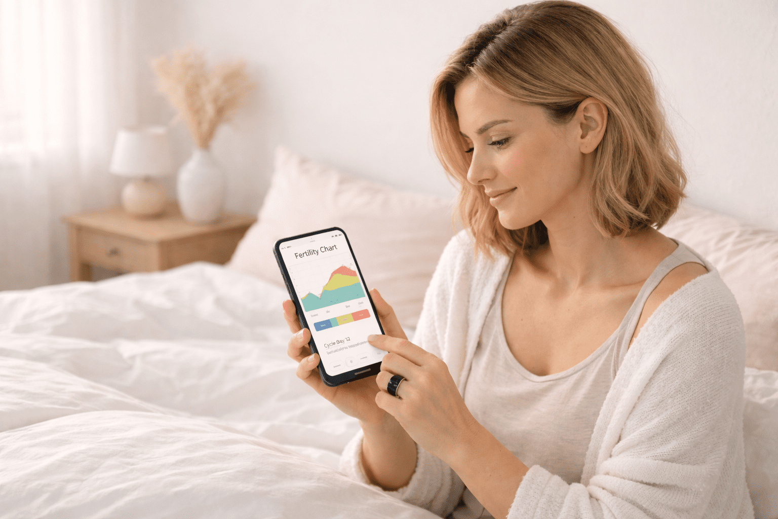 Smart Fertility Tracking Technology displayed on a smartphone and wearable ring.