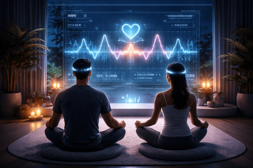 Couples using biometric biohacking tools to synchronize their vagal tone for intimacy.