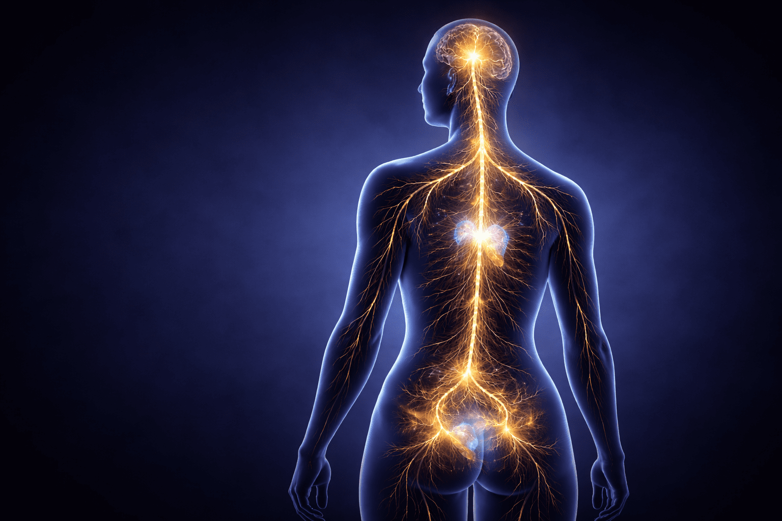 A 3D neural map showing the Vagal-Sexual Biohacking circuit in the human body.