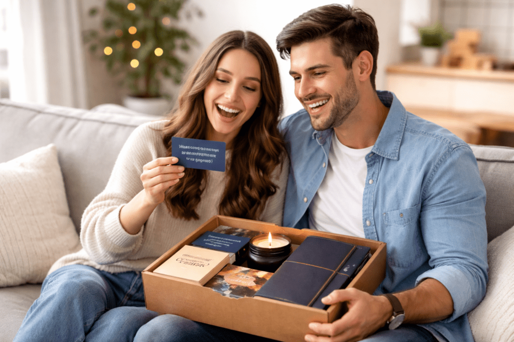 Happy couple using a relationship wellness product from an online store.